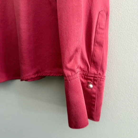 Vintage Silk Raspberry Red Necktie Blouse with Pearl Buttons - Picture 4 of 6
